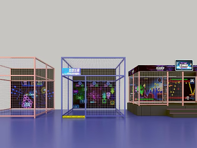 Interactive Gaming Amusement Equipment With Pink Blue Brown Metal Mesh Fences Colorful Lights And Patterns 3d model