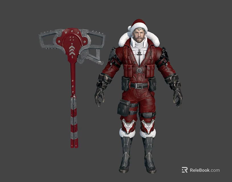 Game Character In Santa Inspired Red Armor With White Fur Holding Red Battle Axe 3d model 