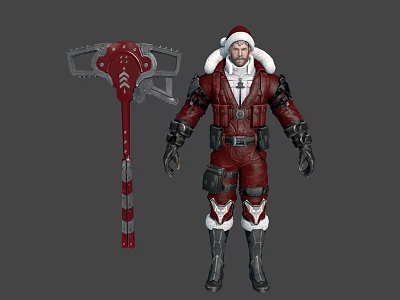 Game Character In Santa Inspired Red Armor With White Fur Holding Red Battle Axe 3d model