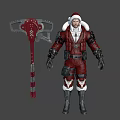 Game Character In Santa Inspired Red Armor With White Fur Holding Red Battle Axe