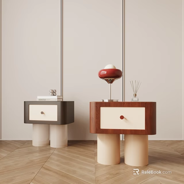 Modern Wooden Bedside Tables With Drawers Cylindrical Bases And Decorative Lamp Diffuser 3d model 