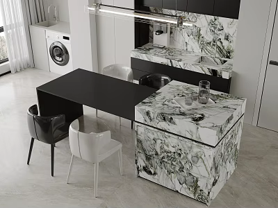 Modern Black Dining Table Set With White And Black Chairs And Marble Countertop In Kitchen 3d model