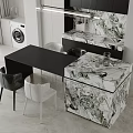Modern Black Dining Table Set With White And Black Chairs And Marble Countertop In Kitchen