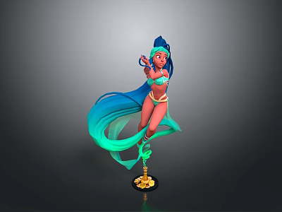 Woman With Blue And Green Long Hair In Bikini Holding Weapon On Golden Base 3d model