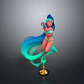 Woman With Blue And Green Long Hair In Bikini Holding Weapon On Golden Base