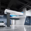 Modern Parking Lot Design With White Car Blue Wall And Directional Signage