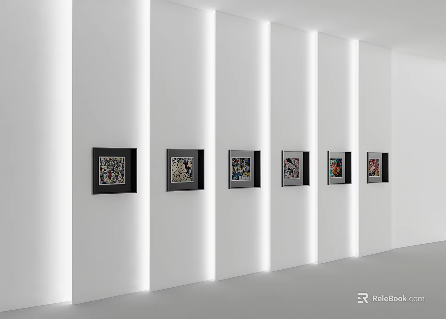 White Modern Background Wall With Six Black Framed Decorative Paintings And Vertical Light Strips 3d model 