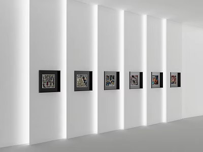 White Modern Background Wall With Six Black Framed Decorative Paintings And Vertical Light Strips 3d model
