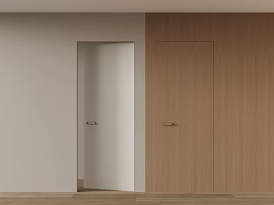 Modern Minimalist Interior With Open White And Closed Wooden Hinged Door 3d model
