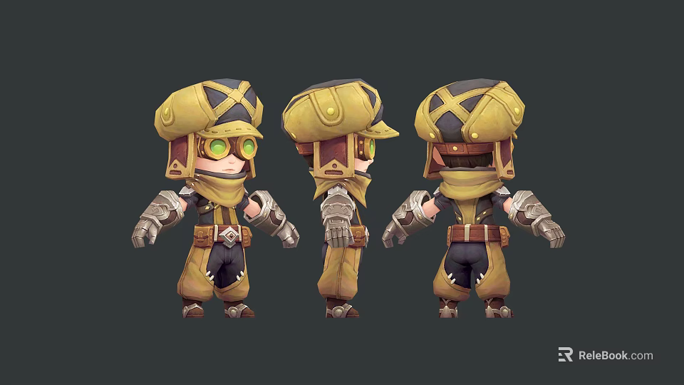 Cartoon Character And Creature Three Angles Yellow Outfit Cross Hat Goggles Armored Arms 3d model 