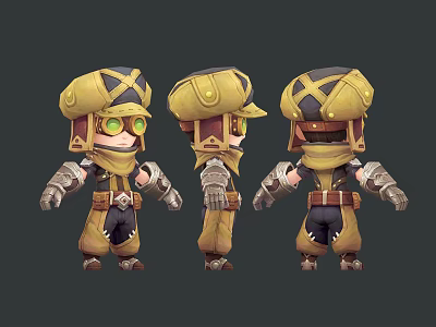 Cartoon Character And Creature Three Angles Yellow Outfit Cross Hat Goggles Armored Arms 3d model