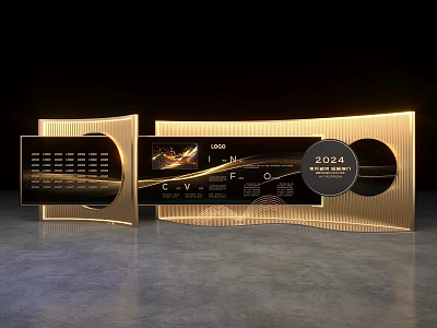 Modern Golden Framed Display Panels With 2024 Text And Graphic Elements 3d model