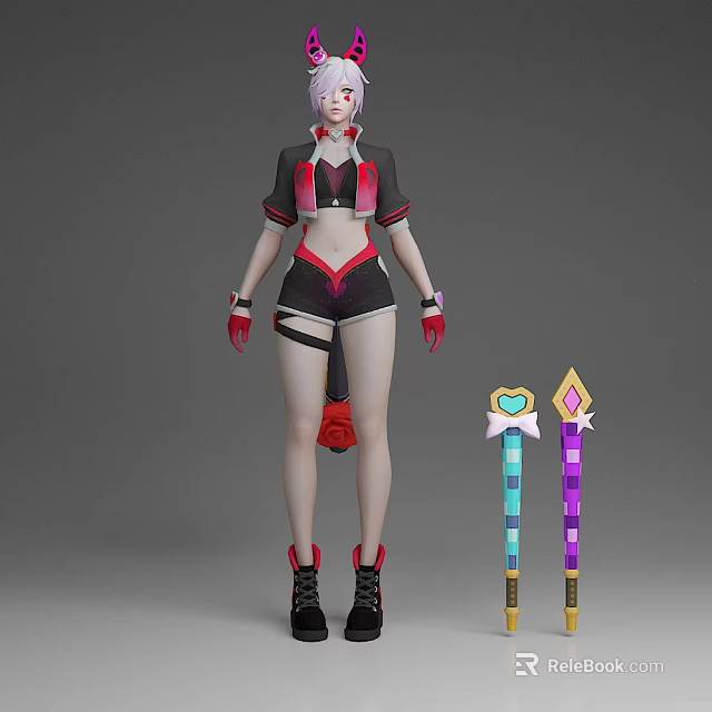 Game Movie Character With Pink Hair Black Red Outfit Gloves Shorts Staffs Heart Diamond Decorations 3d model 