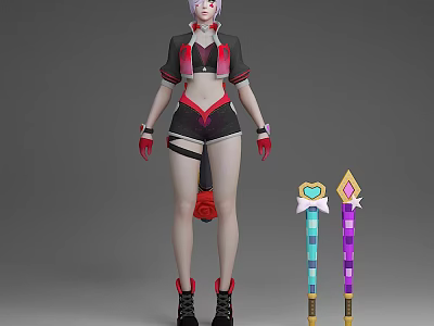 Game Movie Character With Pink Hair Black Red Outfit Gloves Shorts Staffs Heart Diamond Decorations 3d model