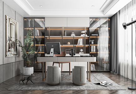 Modern Study Desk and Chair Writing Desk Bookcase Desk Lounge Chair Chandelier Decorative Cabinet 3d model