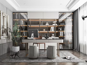 Modern Study Desk and Chair Writing Desk Bookcase Desk Lounge Chair Chandelier Decorative Cabinet 3d model
