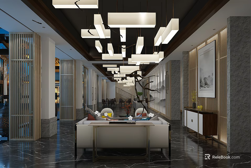 Hotel Public Lounge Interior With Rectangular Pendant Lights White Sofa And Black Marble Floor 3d model