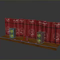 Theatrical Stage Setup With Red Curtains Repeating Patterns Wooden Platform And Speakers