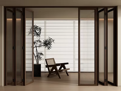 Wooden Folding Doors In Modern Interior With Plant Chair And Window Blinds 3d model