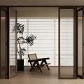 Wooden Folding Doors In Modern Interior With Plant Chair And Window Blinds