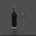 Dark Colored Wine Bottle with Yellow Neck and Transparent Wine Glass on Blue Background