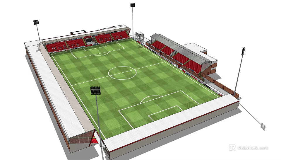 Football Stadium Featuring Green Turf Red Seating Stands White Marking Lines And Floodlight Poles 3d model 