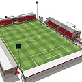 Football Stadium Featuring Green Turf Red Seating Stands White Marking Lines And Floodlight Poles
