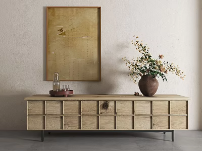 Minimalist Wooden TV Stand Design With Drawers And Vase Floral Arrangement On Neutral Wall 3d model