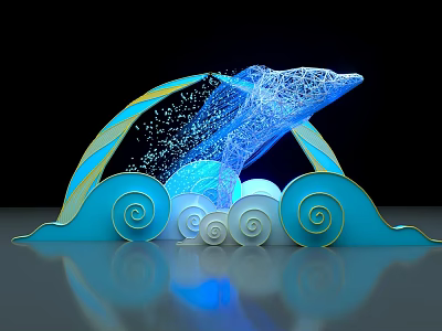 Blue Glowing Dolphin Shaped Structure With Wave Decorations And Particles 3d model