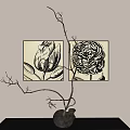 Botanical Paintings Two Framed Black And White Line Art Tulip Peony Hanging On Light Wall