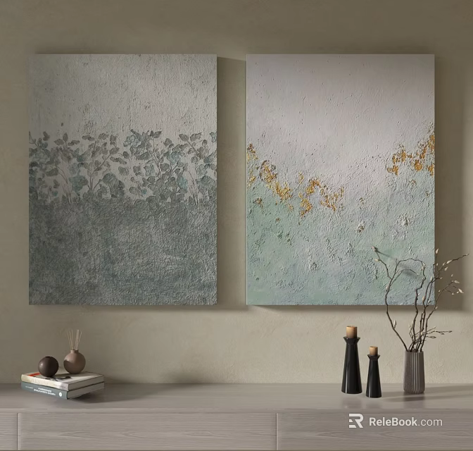 Elegant Interior With Two Textured Abstract Paintings And Decorative Ornaments 3d model