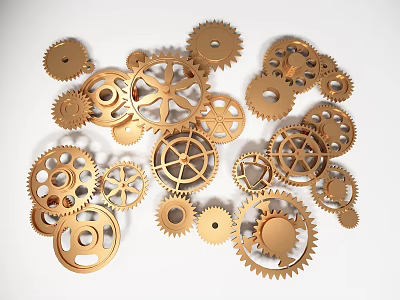 Hardware Tools Display With Golden Metal Gears In Various Sizes And Shapes 3d model