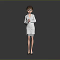 A woman wearing white lab coat and skirt standing with clasped hands against grey background