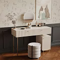 Stylish Dressing Table With Floral Wallpaper Round Mirror And Stool Decor 3d model