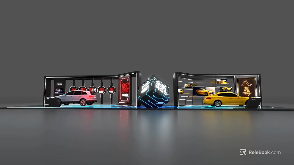 Modern Car Showroom Display With Silver Yellow Cars Glass Cases And Bright Lighting Elements 3d model 
