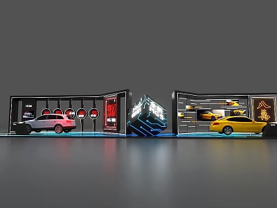 Modern Car Showroom Display With Silver Yellow Cars Glass Cases And Bright Lighting Elements 3d model