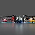 Modern Car Showroom Display With Silver Yellow Cars Glass Cases And Bright Lighting Elements