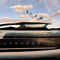 Modern Luxury Yacht On Water Under Partly Cloudy Sky