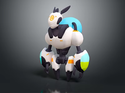 Cartoon Style Mechanical Creature With White Black Body Yellow Circular Eyes And Blue Back Elements 3d model