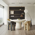 Modern Restaurant Interior With Round White Dining Table Black Beige Chairs Shelf And Floor Lamp