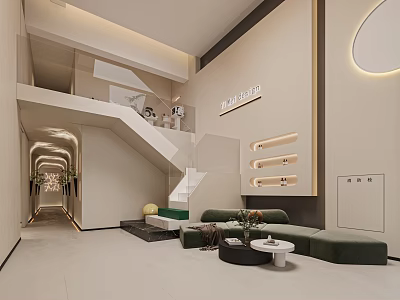 Modern Beauty Hair Salon Interior With Stylish Sofas Staircase And Ambient Lighting 3d model