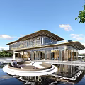 Elegant Modern Sales Office Building With Glass Curtain Walls Golden Frames And Front Water Feature 3d model