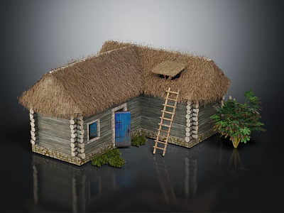 Traditional Log Cabin With Thatched Roof Blue Door Wooden Ladder And Green Plants 3d model
