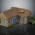 Traditional Log Cabin With Thatched Roof Blue Door Wooden Ladder And Green Plants