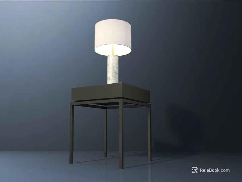 Modern Table Lamp with White Lampshade and Marble Pole on Black Square Side Table 3d model