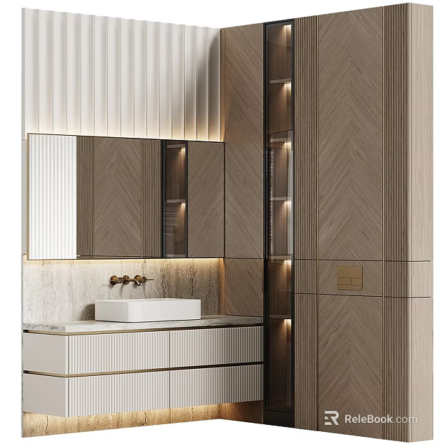 Modern Bathroom Vanity Cabinet With Herringbone Wood Design Mirror And LED Lighting 3d model 