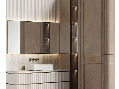 Modern Bathroom Vanity Cabinet With Herringbone Wood Design Mirror And LED Lighting 3d model