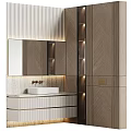 Modern Bathroom Vanity Cabinet With Herringbone Wood Design Mirror And LED Lighting