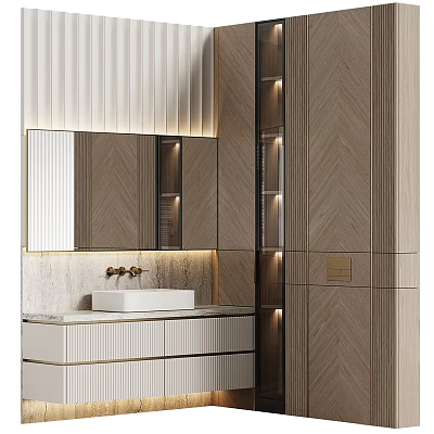 Modern Bathroom Vanity Cabinet With Herringbone Wood Design Mirror And LED Lighting 3d model