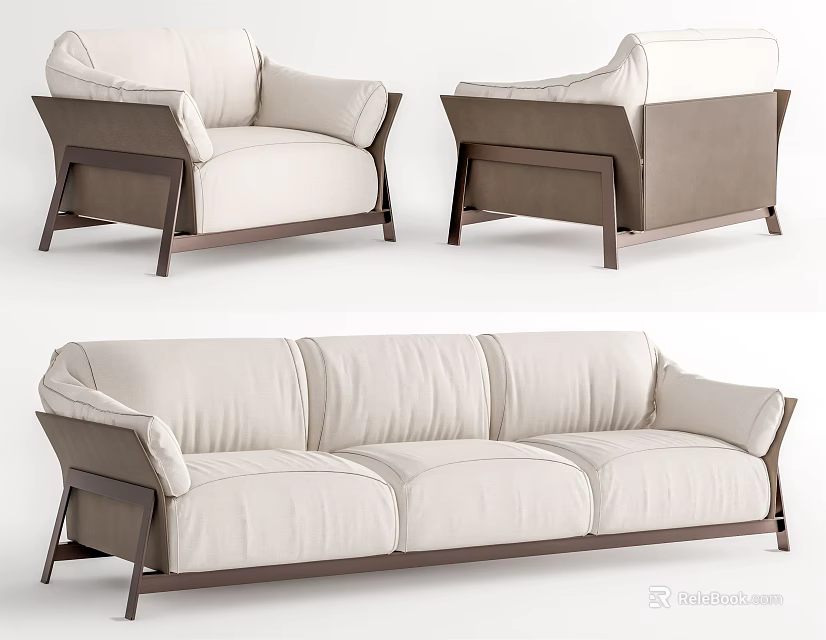 Modern Beige Fabric Sofa Set with Brown Frame Including Single and Three Seater 3d model 